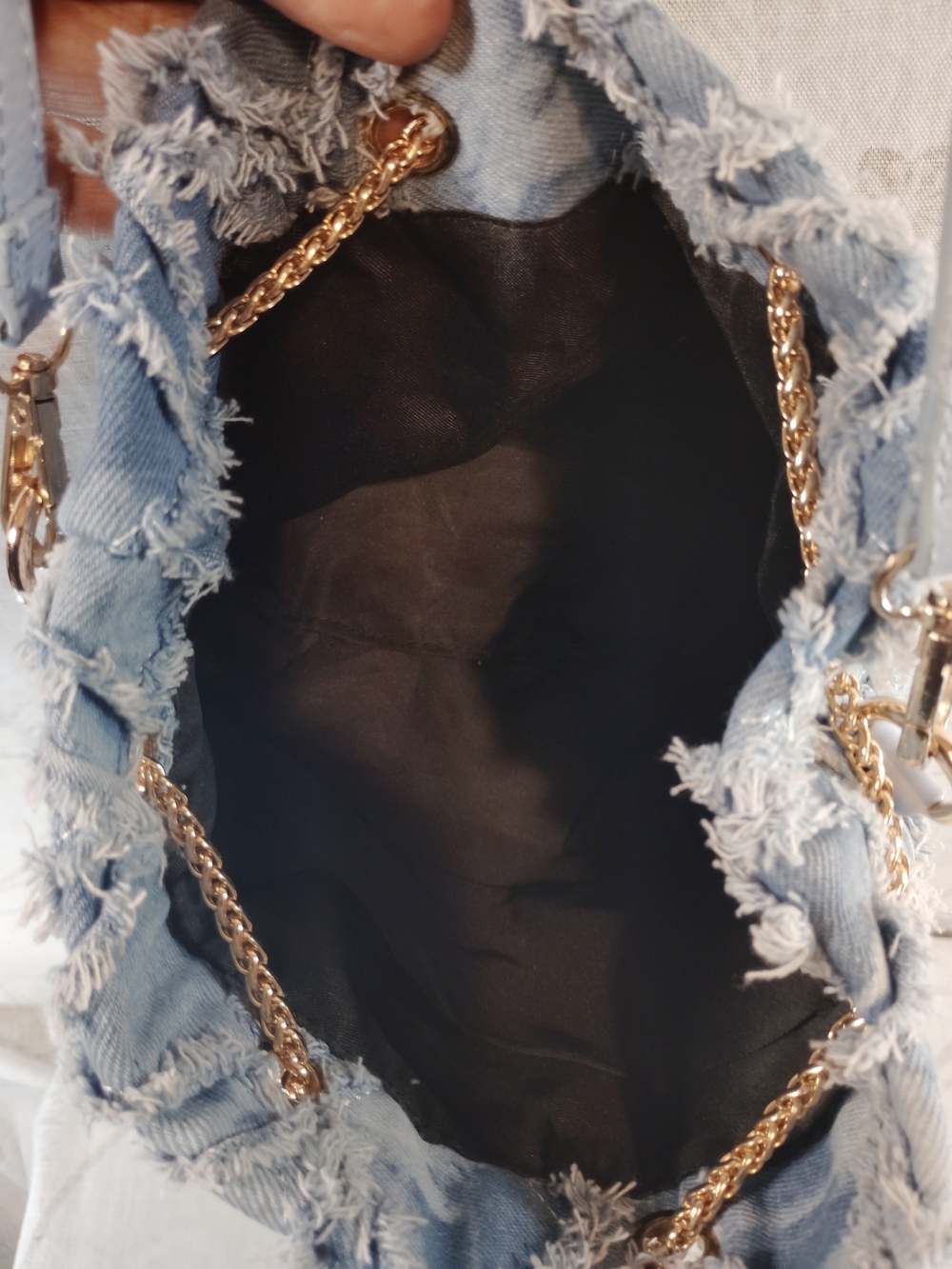 Light Blue Distressed Denim Crossbody Bucket Bag with Gold Chain &Pearl Charms - Picture 4 of 5